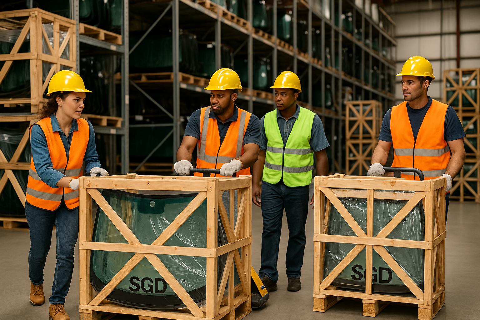 Warehouse crew moving large glass windshields in wooden crates labeled SGD inside the Specs Glass Distribution facility.